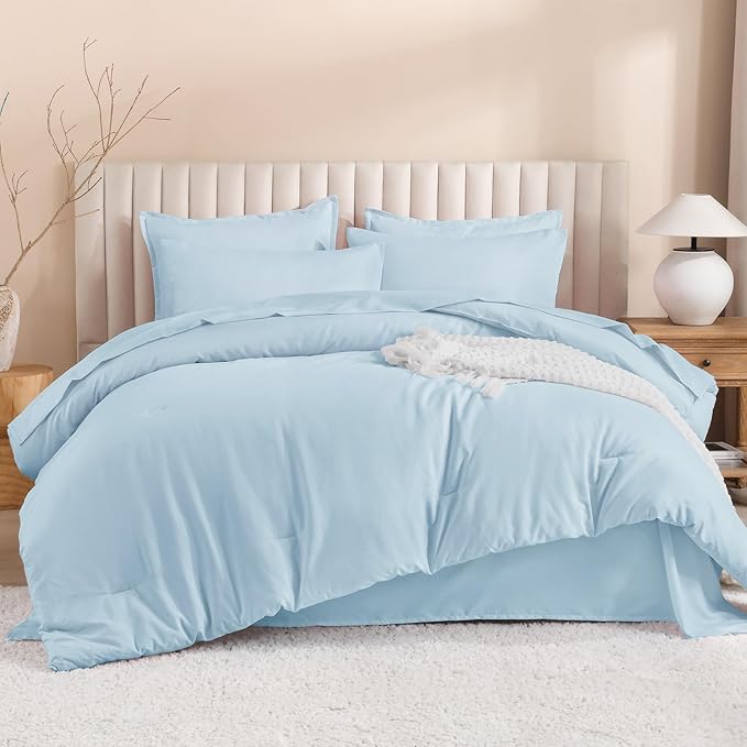 Litanika Comforter Full Size Set Light Blue - 7 Pieces Bed in a Bag Full Bedding Comforter Sets, Plain Lightweight Bed Set with Comforter, Sheets, Pillowcases & Shams