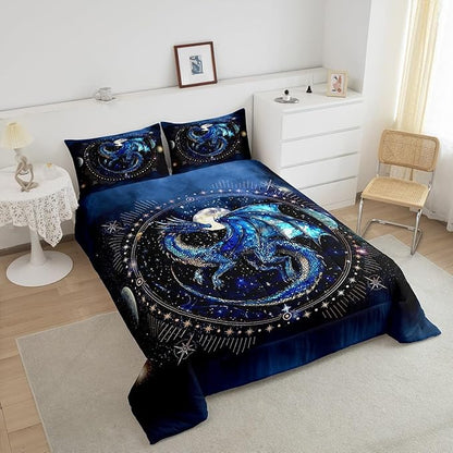 Feelyou Dragon Comforter Set Queen Size Luxury Bedding Set with Dragon Decor Duvet Set Blue Black Quilt Set