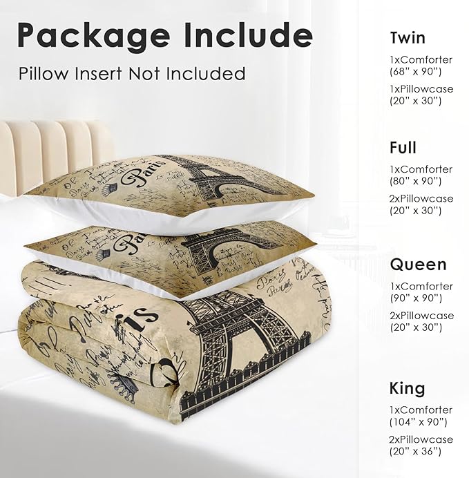 Comforter Set Full Size, Paris Eiffel Tower Vintage 3 Pcs Soft Bedding Set for Kids and Adults, Vintage Love Retro Comforter Set with 2 Pillowcases, for Bedroom Bed Decor