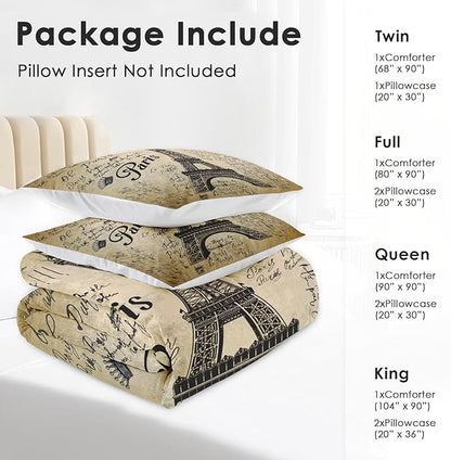 Comforter Set Full Size, Paris Eiffel Tower Vintage 3 Pcs Soft Bedding Set for Kids and Adults, Vintage Love Retro Comforter Set with 2 Pillowcases, for Bedroom Bed Decor