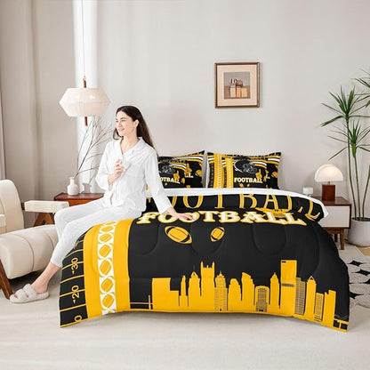 Feelyou Football 7 Pieces Comforter Sets Twin Size Bedding Set for Boys Kids Teen Sports Theme Football City Bed in a Bag with Comforter, Sheets, Pillowcases & Cushion Cover