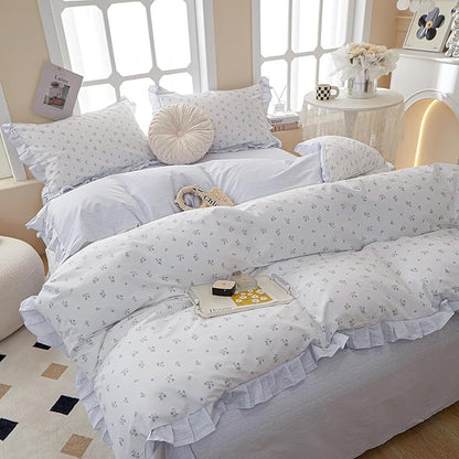 HighBuy Blue Flower Comforter Set Queen Romantic Girls Lace Comforter Fluffy Coquette Botanical Bedding Comforter Set Stripes 1 Lace Ruffled Comforter with 2 Pillowcases Lightweight All Season