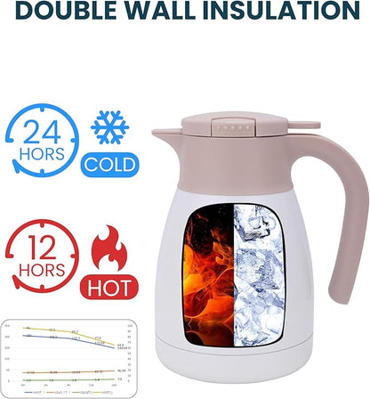 GiNT 1L / 34Oz Thermal Coffee Carafe, Insulated Stainless Steel Coffee Carafes for Keeping Hot/Double Walled Vacuum Thermal Carafe (White)