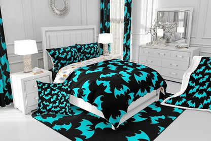 Erosebridal Cyan-Blue Bat Queen Comforter Set Halloween Bat Bedding Set Spooky Goth Gothic Animal Bed Set Horror Halloween Quilt Set for Kids Teens Adults