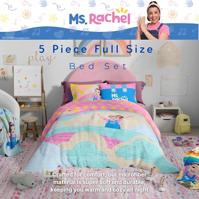 Ms. Rachel Educational Adventures Kids Bedding Super Soft Microfiber Comforter and Sheet Set, 5 Piece Full Size, (Officially Licensed Product) by Franco