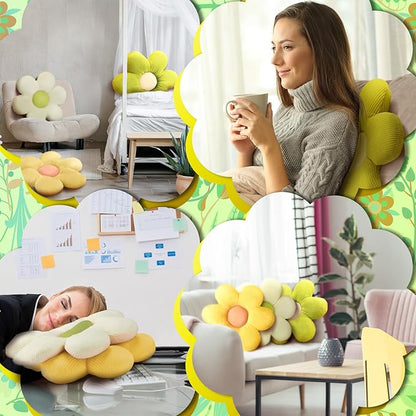 Sratte 3 Pcs Flower Pillows Flower Shaped Throw Pillows Cute Daisy Plush Pillow Decorative Floor Pillow Seat Cushion for Bedroom Home Sofa Chair Couch Decor(Green, Yellow, White,16")