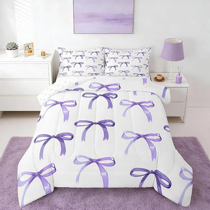 Feelyou Bow Bedding Set Boys Girls Full Size Purple Girls Bow Comforter Set for Kids Women Men Ultra Soft Cute Bowknot Comforter Kawaii Bow Duvet Set Room Decor Lovely Decor Quilt Set