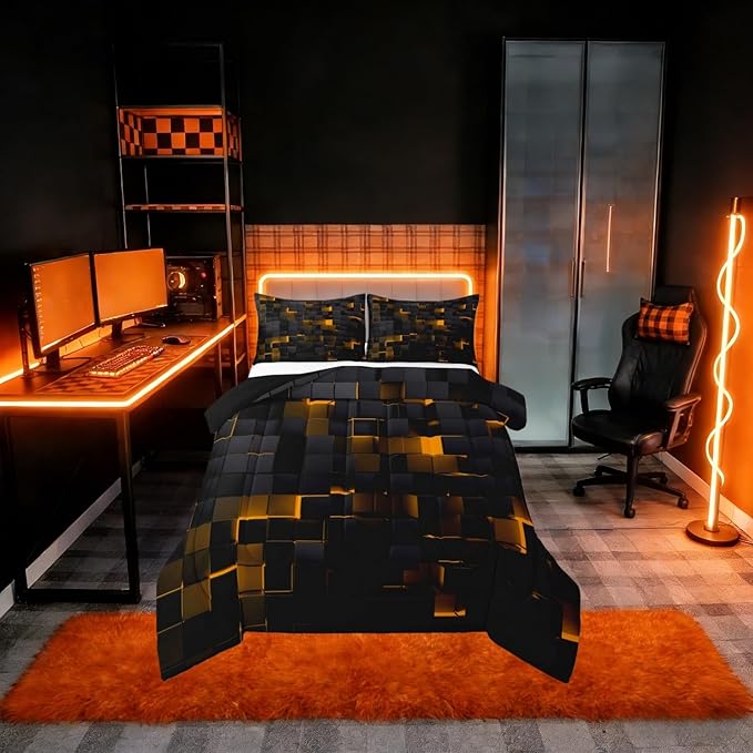 Erosebridal Black and Orange Comforter Set King Neon Geometric Checkered Bedding Set for Kids Boys Adults Men,Stereoscopic Grid Plaid Comforter Glowing Square Bed Duvet Set 3 Pcs