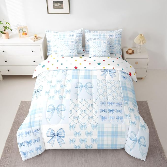 Feelyou Blue Bow Comforter Set Queen Size 7 Pieces Cute Bowknot Bedding Set for Kids Boys Girls Bow Plaid Grid Bed in a Bag with Comforter, Sheets, Pillowcases, Cushion Covers Princess Decor