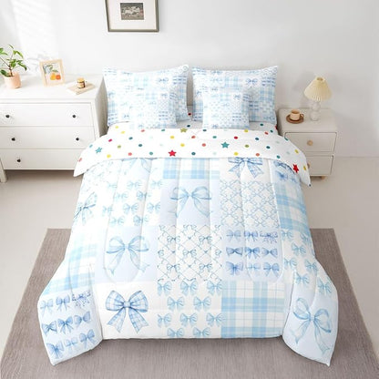 Feelyou Blue Bow Comforter Set Queen Size 7 Pieces Cute Bowknot Bedding Set for Kids Boys Girls Bow Plaid Grid Bed in a Bag with Comforter, Sheets, Pillowcases, Cushion Covers Princess Decor