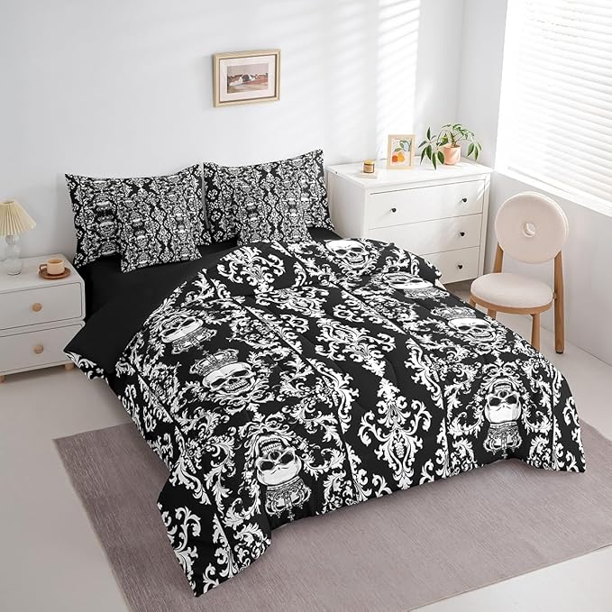 Erosebridal Gothic Skull Bed in a Bag Queen Comforter Set 7 Piece,Black White Damask Bohemian Vintage Flowers Bedding Set,Goth Skeleton Sheet Set,Exotic Boho Floral Crown Victorian Antique Decor