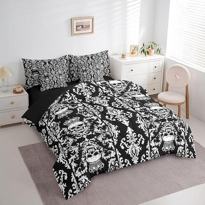Erosebridal Gothic Skull Bed in a Bag Queen Comforter Set 7 Piece,Black White Damask Bohemian Vintage Flowers Bedding Set,Goth Skeleton Sheet Set,Exotic Boho Floral Crown Victorian Antique Decor