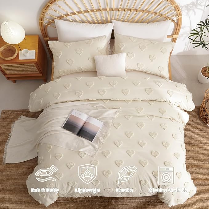 Tufted Comforter Set Full Size Beige Heart Boho Tufted Textured Bedding Set 3 Pieces Shabby Chic Embroidery Bed Set Soft Jacquard Comforter for All Season with 2 Pillowcases