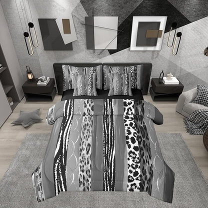 Erosebridal Animal Skin Pattern White Black Geometric Full Comforter Set 7 Pieces | Leopard Print Stripe Bed in A Bag for Bedroom Cheetah Fur Bedding Set with Comforters Women Men Adults Room Decor