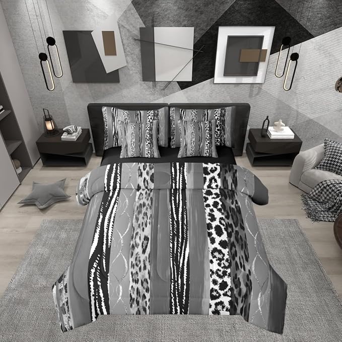 Erosebridal Animal Skin Pattern White Black Geometric Comforter Set Queen Size 7 Pieces | Leopard Print Stripe Bed in A Bag Cheetah Fur Bed Set Women Men Adults Bedding