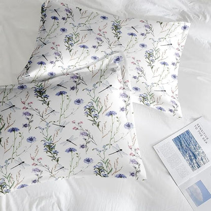 Comforter Set Full Size, Botanical Flower Dragonfly 7 Pcs Bedding for Kids and Adults, Herb Plant Wildflowers Bed Sheet Sets with Fitted Sheet 2 Pillowcases & 2 Shams for Bedroom Bed Decor