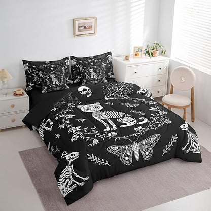 Cartoon Cat Comforter Sets in a Bag 7 Pcs,Gothic Moth Butterfly Boho Flowers Bedding Set,Exotic Animals Skull Double-Sided Print Bed Sets in a Bag with Comforter,Sheets and Pillow Cases,Twin