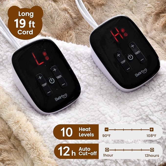 Bearhug Electric Blanket Queen Size 84" x 90", Dual Controller Heated Blanket, Faux Fur & Sherpa, 10-Heat Levels & 1-12H Auto Off, Over-Heat Protect, ETL, Machine Washable