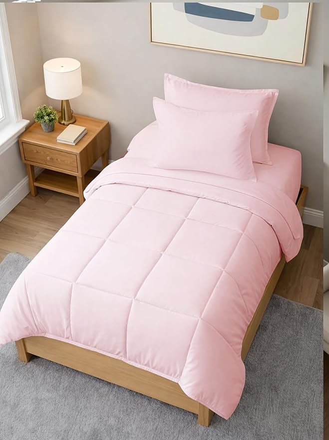 Twin XL Comforter Set - 5 Piece Bed in a Bag Twin XL Size Bed Set - Down Alternative Comforter, Flat Sheet, Fitted Sheet, Pillowcase & Sham for All Seasons - Soft, Comfy & Breathable - Lavender Pink