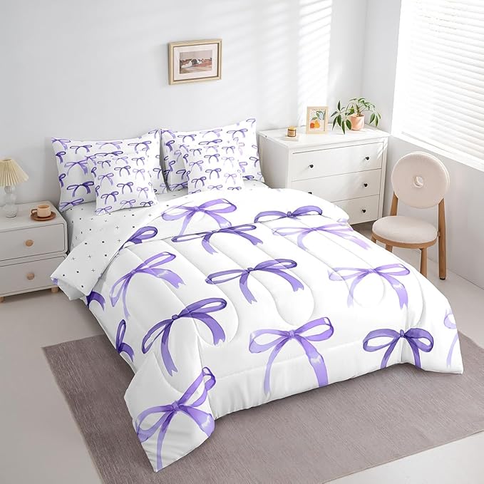Feelyou Bow Bedding Set for All Season Boys Girls Twin Size Purple Girls Bow 7 Pieces Comforter Sets for Kids Women Men Cute Bowknot Bed in a Bag with Comforter, Sheets, Pillowcases & Cushion Cover