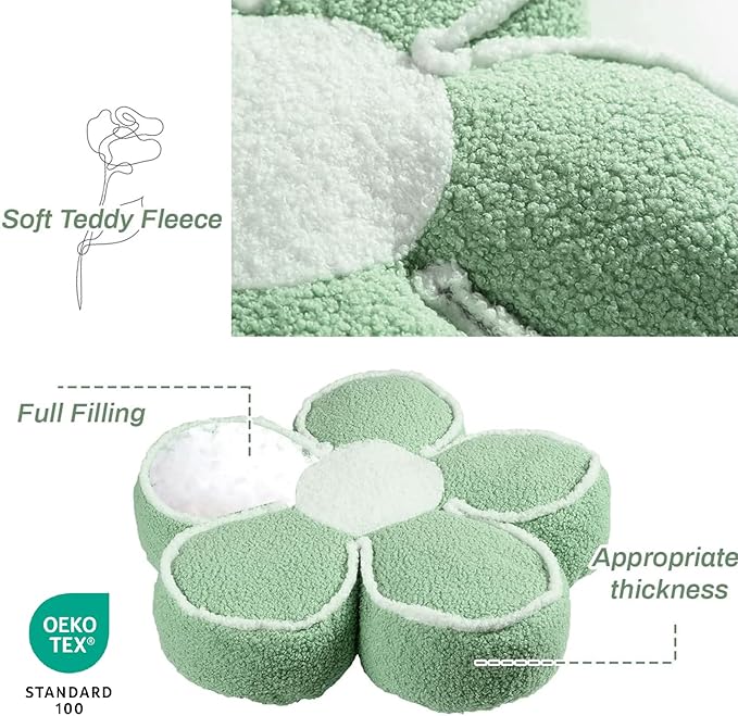 Sioloc Flower Shaped Pillow Daisy Pillows Floor Cushion Pastel Cute Seat Cushions Aesthetic Classroom Dorm Decorative Fun Throw Pillow for Bed,Couch(Sage Green,19.7")
