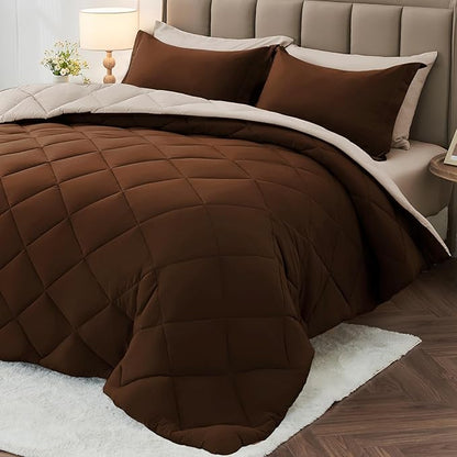 MUXHOMO 5 Pieces Twin Comforter Set, Reversible Bed in a Bag Twin Size, All Season Bedding Set with Comforter, Flat Sheet, Fitted Sheet, Pillowcases & Shams, Brown & Khaki