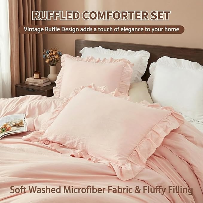 CAROMIO Pink Ruffled Comforter Set Queen Size, 3PCS Soft Washed Microfiber Lightweight & Fluffy All-Season Bedding Comforter with Vintage French Country Style, Pink, 90x90 in