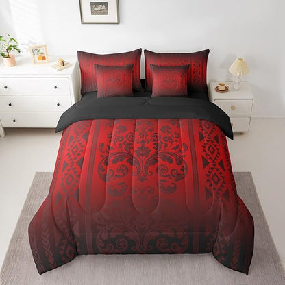 Comforter Set Twin Size, Flame Red Aztec Damask 7 Pcs Bedding for Kids and Adults, Western Bohemian Goth Floral Victorian Bed Sheet Sets with Fitted Sheet 2 Pillowcases & 2 Shams for Bedroom Bed Decor