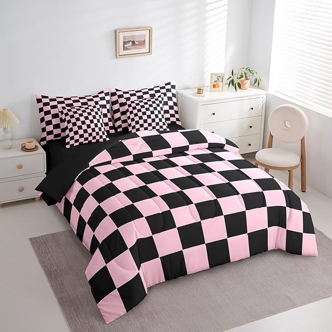 Feelyou Checkered 7 Piece Bedding Set Teen Pink Black Plaid Comforter Set with Sheets Queen Size Kids Boys Cute Retro Neutral Checkerboard Geometric Bed in a Bag Vintage Aesthetic Room Decor