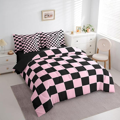 Feelyou Checkered 7 Piece Bedding Set Teen Pink Black Plaid Comforter Set with Sheets Full Size Kids Boys Cute Retro Neutral Checkerboard Geometric Bed in a Bag Vintage Aesthetic Room Decor