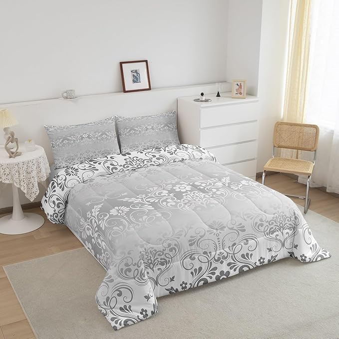 Feelyou Adults Silver Vintage Damask Floral Comforter Set Oriental Antique Comforter Queen Size Gothic Bohemia Boho Flower Bedding Set Bohemian Exotic Duvet Set Quilt Set 3Pcs