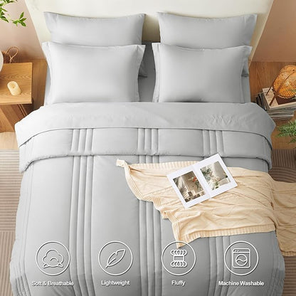CozyLux Full Comforter Set - 7 Pieces Bed in a Bag Light Grey Comforter Set with Sheets Luxury Bed Set All Seasons, Soft Bedding Set with Down Alternative Comforter, Sheets, Pillowcases & Shams
