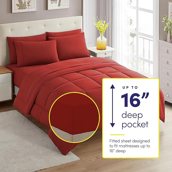 Sweet Home Collection 5 Piece Comforter Set Bag Solid Color All Season Soft Down Alternative Blanket & Luxurious Microfiber Bed Sheets, Red, Twin