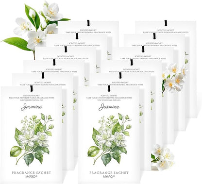 MYARO 12 Pack Jasmine Scented Sachets for Drawer, Closet & Small Spaces Air Freshener Bags, Odor Eliminator for Car, Shoes, Gym Bag Home Fragrance Gift Set