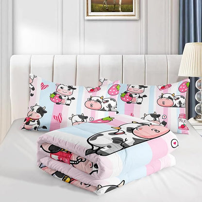 Funny Comforter Set for Girls Full Size,3-Piece Bed in a Bag,Colorful Stripe Bedding Set,Strawberry Kawaii Cow Quilts Set Lightweight Soft Microfiber Warm Down Alternative All Season With 2 Pillowcase