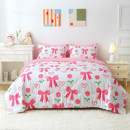 Pink Bow Comforter 7 Pieces Comforter Set Twin Size Pink Flower Bow Comforter for Girls Kids Romantic Princess Style Bow Tie Bedding Set Super Soft All Season
