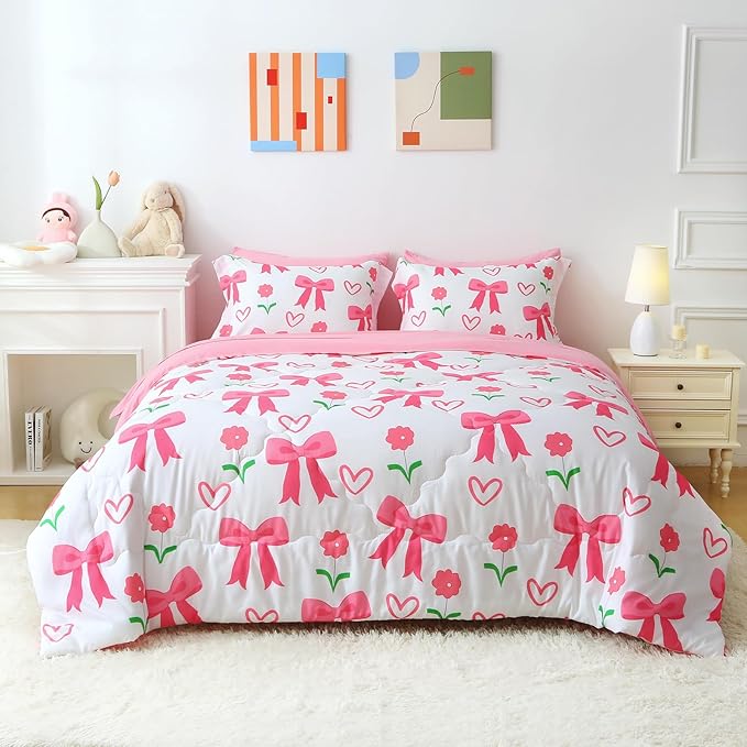 Pink Bow Comforter 7 Pieces Comforter Set Queen Size Pink Flower Bow Comforter for Girls Kids Romantic Princess Style Bow Tie Bedding Set Super Soft All Season