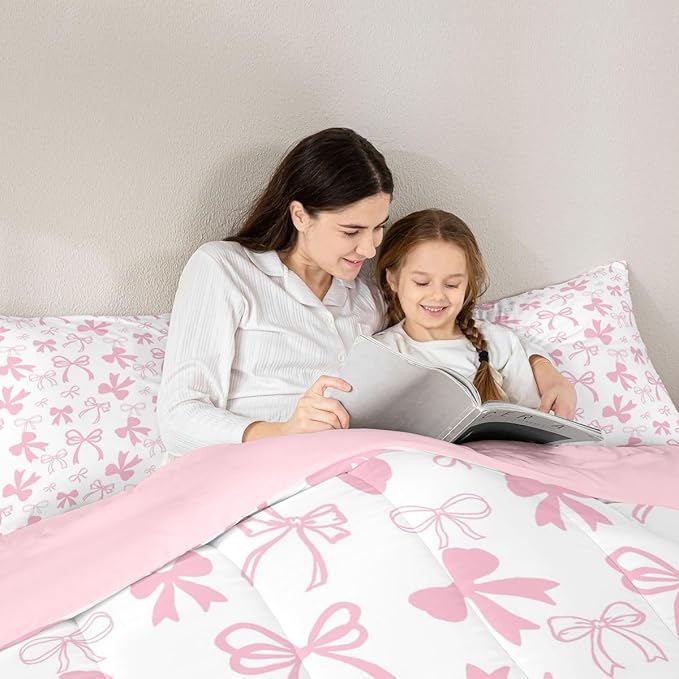 Erosebridal Pink Bow Bedding Set for Girls,Cute Kawaii Bowknot Comforter Set Queen Size for Kids Teen Women,Romantic Coquette Bow Bedding Comforter Sets Dreamy Princess Style Bed Set