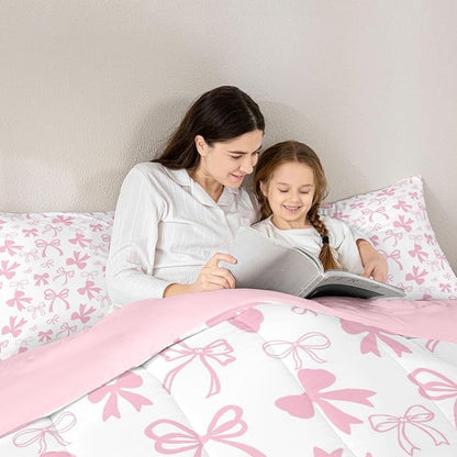 Erosebridal Pink Bow Bedding Set for Girls,Cute Kawaii Bowknot Comforter Set Full Size for Kids Teen Women,Romantic Coquette Bow Bedding Comforter Sets Dreamy Princess Style Bed Set