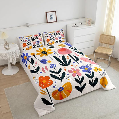 Hippie Floral Full Size Comforter Set,Vintage 70s Retro Bohemian Reversible Bedding Comforters Bedroom Decor,Groovy Flowers Plant Cartoon Sketch Breathable Polyester Bedding Set