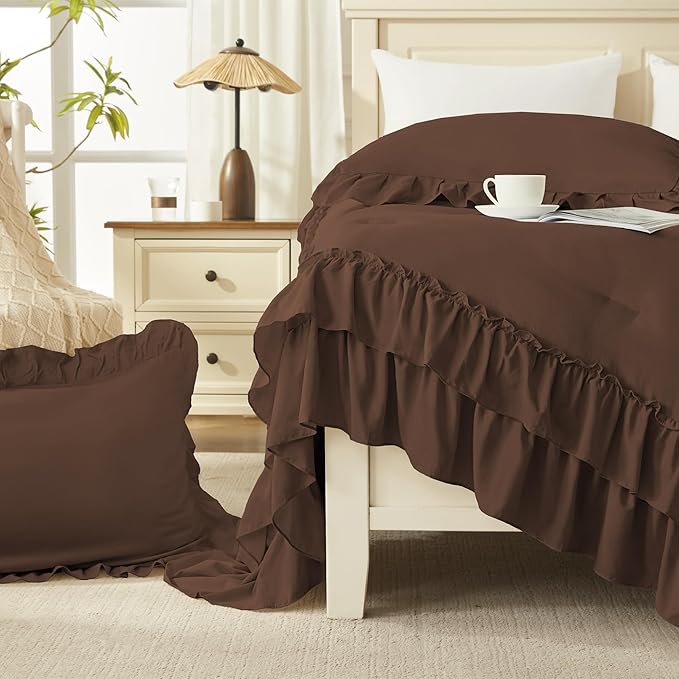 Andency Brown Oversized Queen Comforter Set (98x98Inch), 3 Pieces Lightweight Fluffy Ruffle Bedding Comforter Sets for Queen Bed, Farmhouse Shabby Chic Soft All Season Bed Set