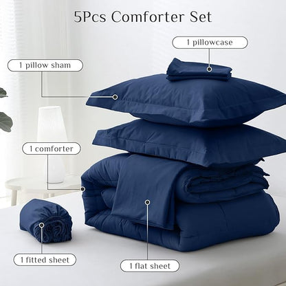 JOLLYVOGUE Twin Comforter Set, Ultra-Soft Bed in a Bag Twin Size 5 Pieces, Oeko-TEX Certified Bedding Set with Down Alternative Comforter, Sheets, Pillowcases & Shams, Navy