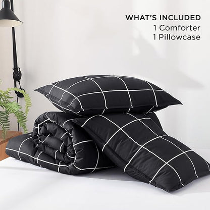 Andency Black Grid Comforter Set Twin(66x90Inch), 2 Pieces (1 Plaid Comforter and 1 Pillowcase) Black Plaid Comforter Set, Lightweight Microfiber Gingham Geometric Comforter Bedding Set