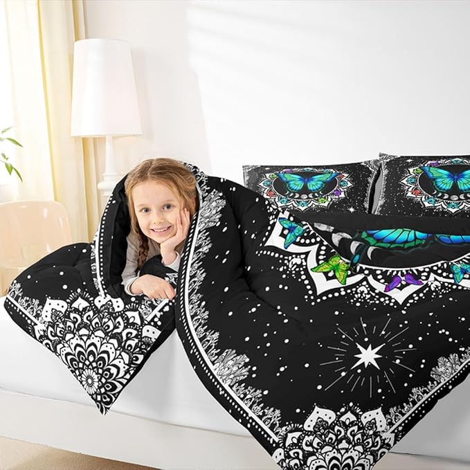 Erosebridal Butterfly Bedding Set King Size Galaxy Duvet Set Starry Sky Comforter Sets Boho Colorful Wild Animals Down Comforter for Moth Moon All Season Mandala Black White Duvet Set