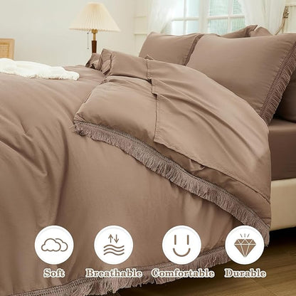 Andency Oversized King Comforter Set Taupe 120x98-7 Pieces Boho Tassel Bed in a Bag Soft Lightweight Bedding Sets, Fringe All Season Bed Set with Comforter, Sheets, Pillowcases & Shams