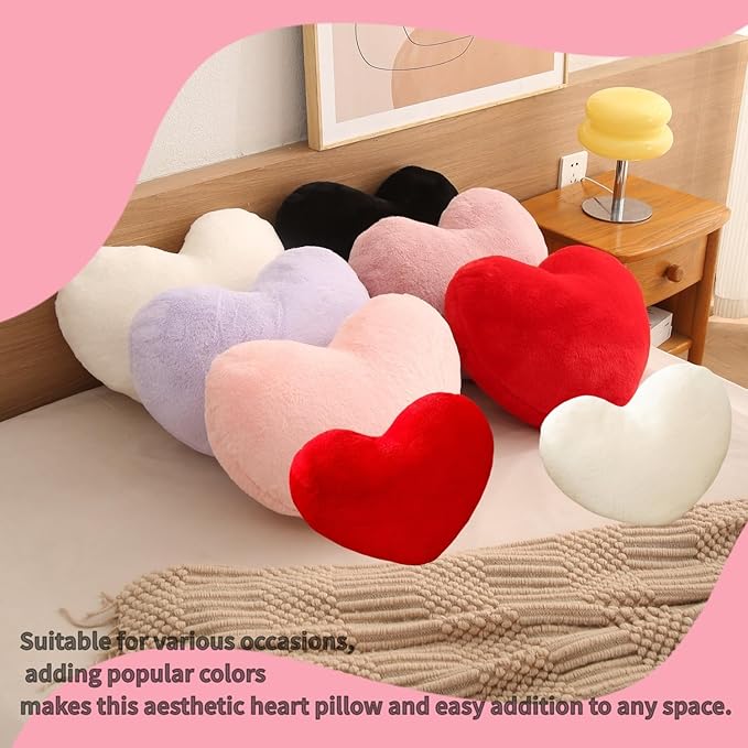 2 Pcs Heart Pillows Pink White Love Heart Shaped Throw Pillows Valentines Wedding Anniversary Faux Rabbit Fluffy Decorative Cushions for Livingroom Bed Sofa Car Couch Home Decor Aesthetic