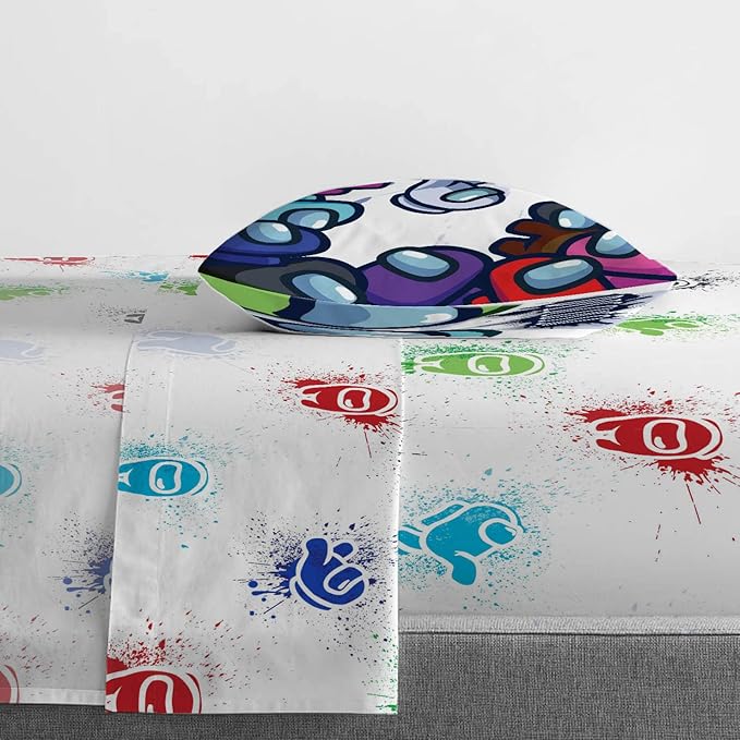 Jay Franco Among Us Space Splatter (4 Piece) Twin Size Bed Set - Includes Comforter & Sheet Set - Super Soft Fade Resistant Microfiber (Official Among Us Product)