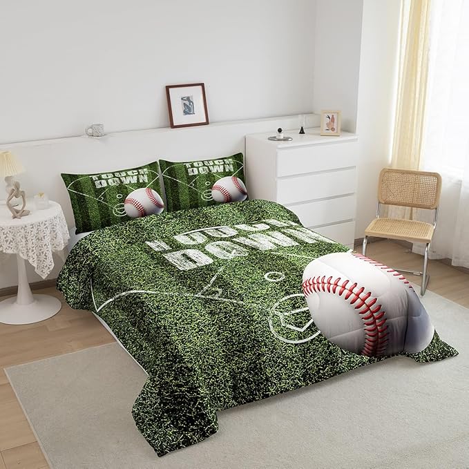 Feelyou Baseball Comforter Set Twin Size Gaming Sports Comforter for Boys Girls Teens Ball Games Bedding Set Gift for Baseball Lover Duvet Set Moss Green Quilt Set