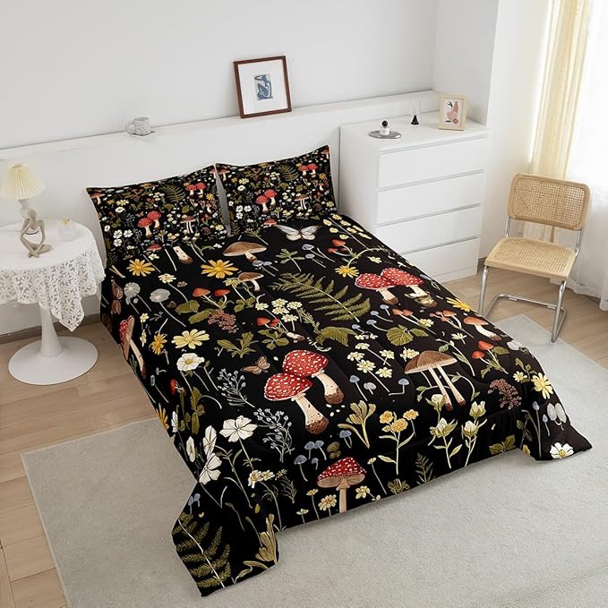 Feelyou Mushroom Comforter Set King Size Boho Comforter Western Decor Bedding Set Southwest Native American Design Duvet Set Room Decor Bronze Black Quilt Set