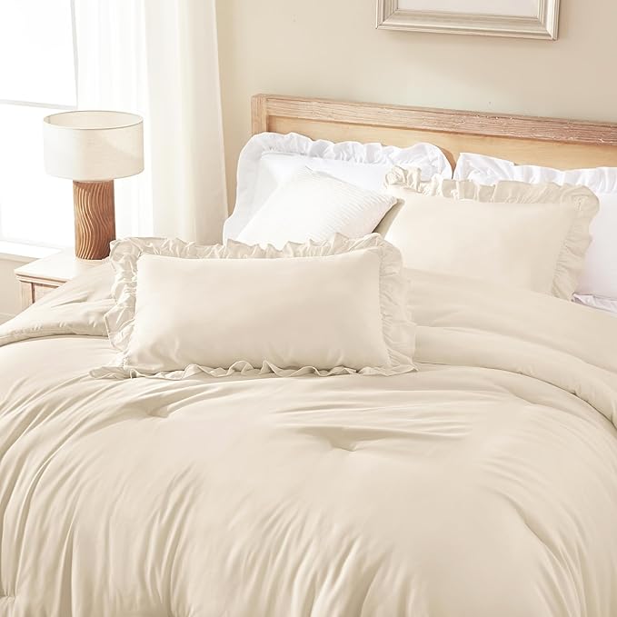 Andency Beige Comforter Set King, 3 Pieces Farmhouse Shabby Chic Ruffle Comforter, Lightweight Fluffy Soft Microfiber All Season Solid Bed Comforter Set (1 Ruffle Comforter & 2 Pillowcases)
